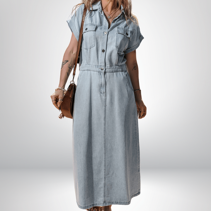 Isabelle - Denim Dress with Elegant, Short Batwing Sleeves