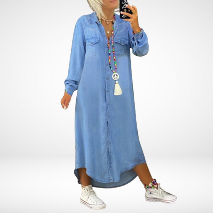 Ines - Long Sleeve Maxi Dress in Denim
