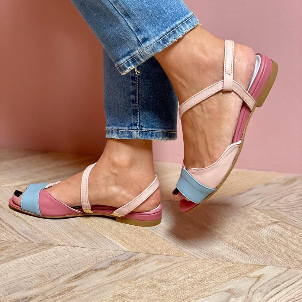 Roselina | Asymmetrical Pink Sandals in Color-Block Style