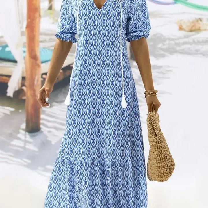 Fiona – Boho Print Tassel Maxi Dress