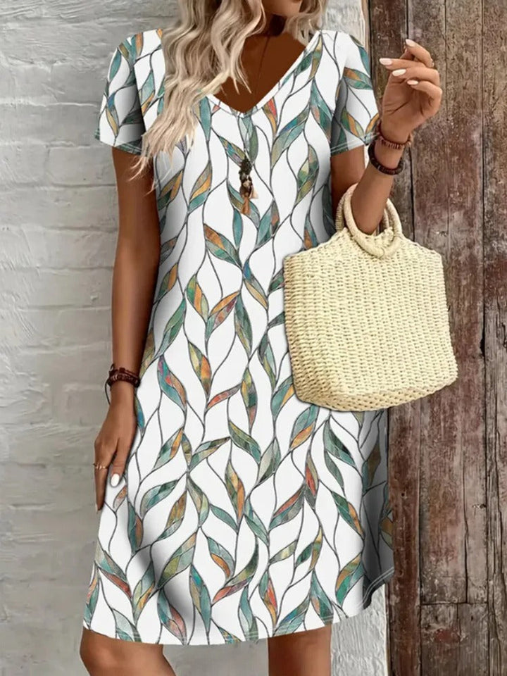 Sharon – V-Neck Leaf Print Dress