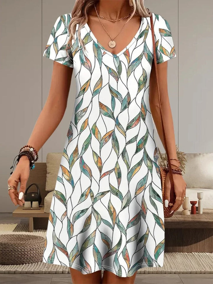Sharon – V-Neck Leaf Print Dress