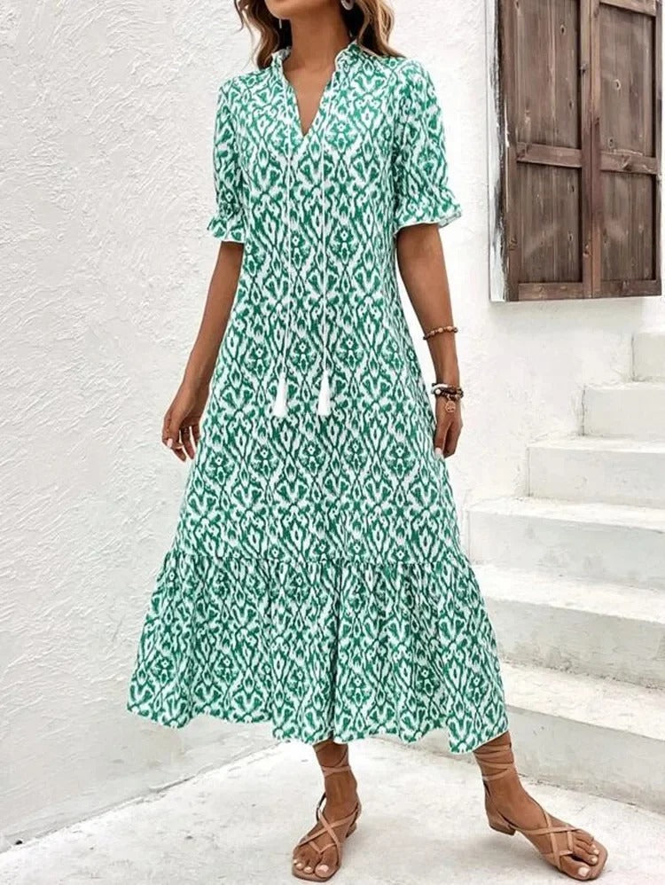 Fiona – Boho Print Tassel Maxi Dress
