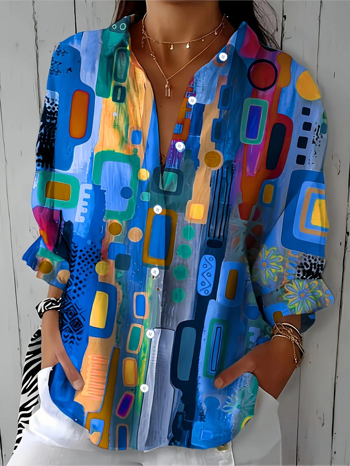 Talia – Colorful Print Button-Up Blouse