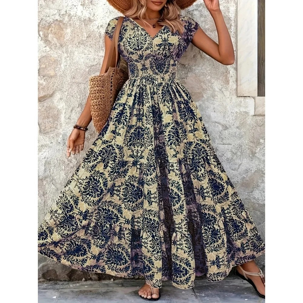Lorena – Vintage Print Ruffle Maxi Dress