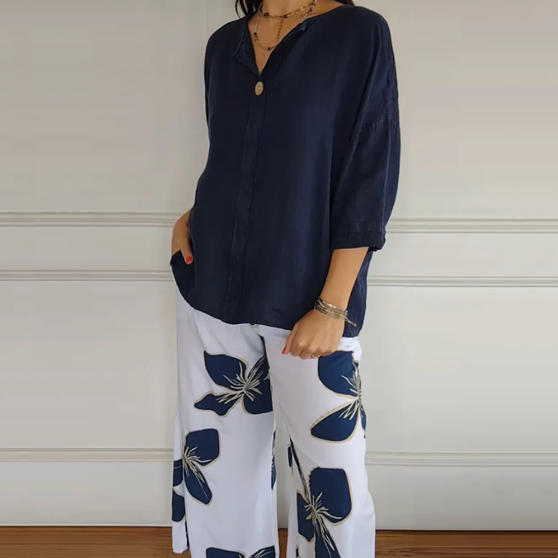 Thera – Printed Pants & Crew Neck Top Set