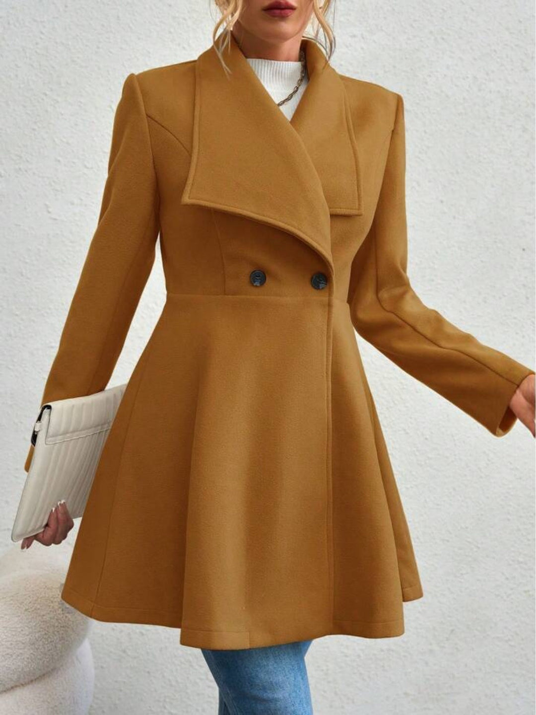 Monique – Collared Neck Button-Up Long Sleeve Coat