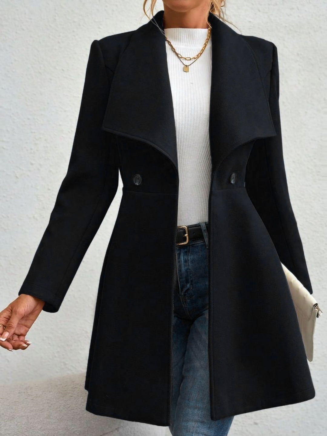Monique – Collared Neck Button-Up Long Sleeve Coat