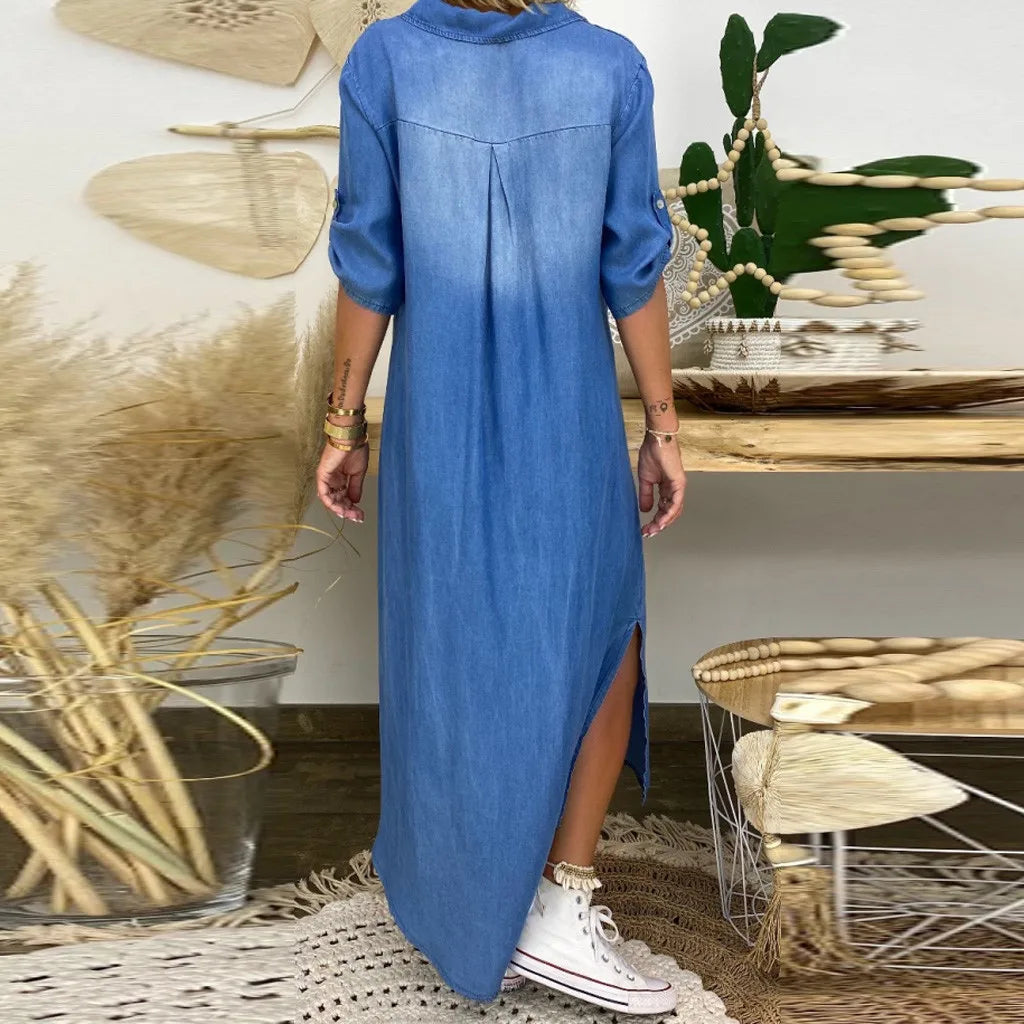 Henrietta – Long Denim Look Dress with Side Slit