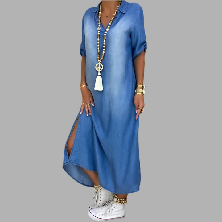 Henrietta – Long Denim Look Dress with Side Slit