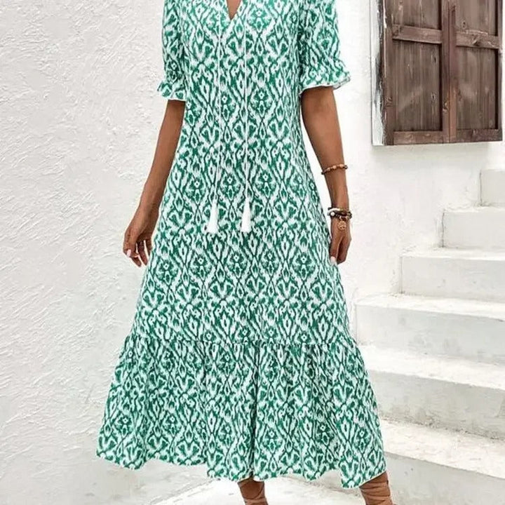 Fiona – Boho Print Tassel Maxi Dress