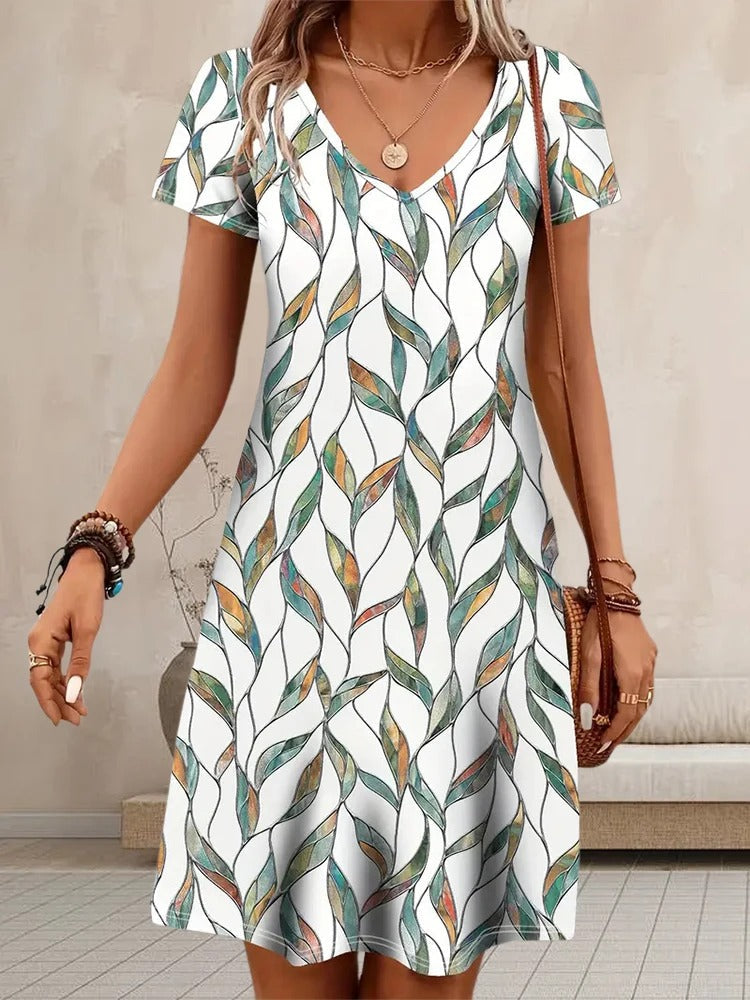 Sharon – V-Neck Leaf Print Dress