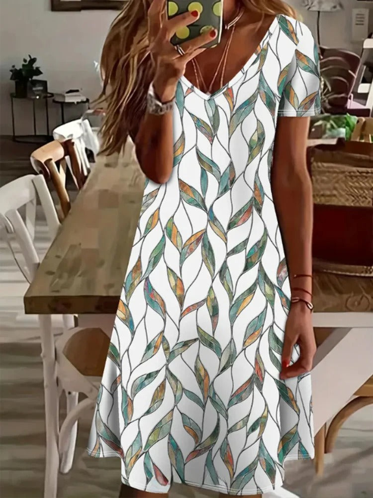 Sharon – V-Neck Leaf Print Dress