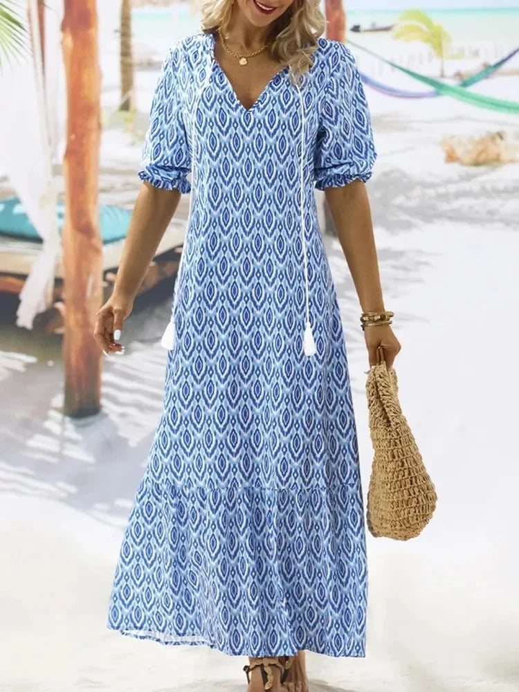Fiona – Boho Print Tassel Maxi Dress