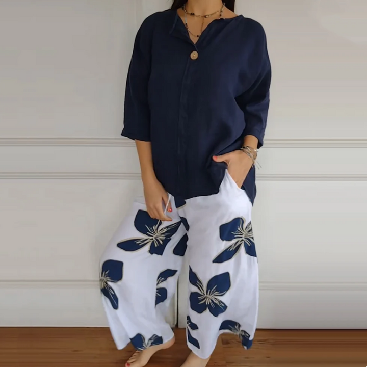 Thera – Printed Pants & Crew Neck Top Set